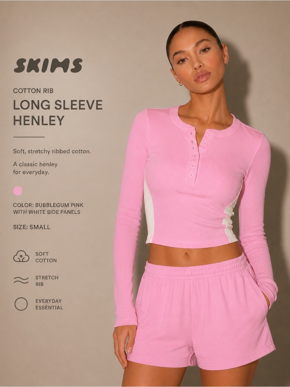 SKIMS Cotton Rib Long Sleeve Crop Henley Bubblegum Pink Small